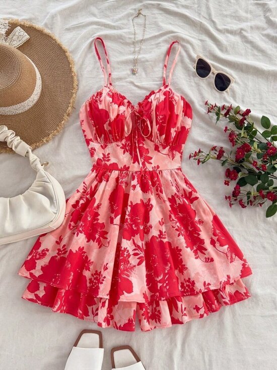 Pants - Red Boho Women's Ruffle Collar, Ruched Waist Spaghetti Strap A-Line Romper